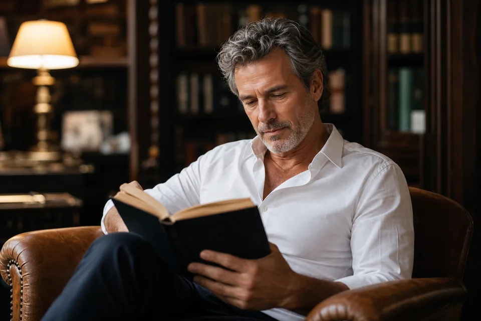 Man reading in a leather armchair in a warm library lounge