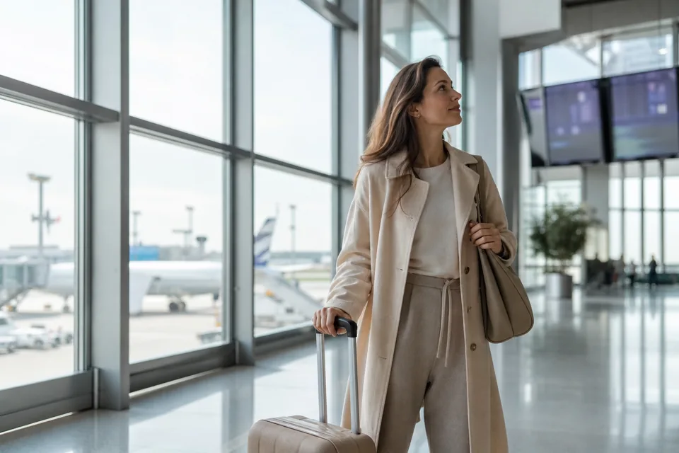 Woman with a carry-on suitcase in a bright airport terminal