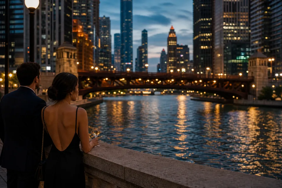 Chicago river and skyline at dusk with lit bridges