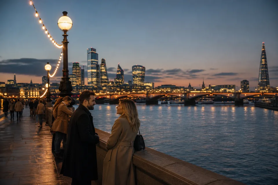 River Thames in London at dusk with lit bridges