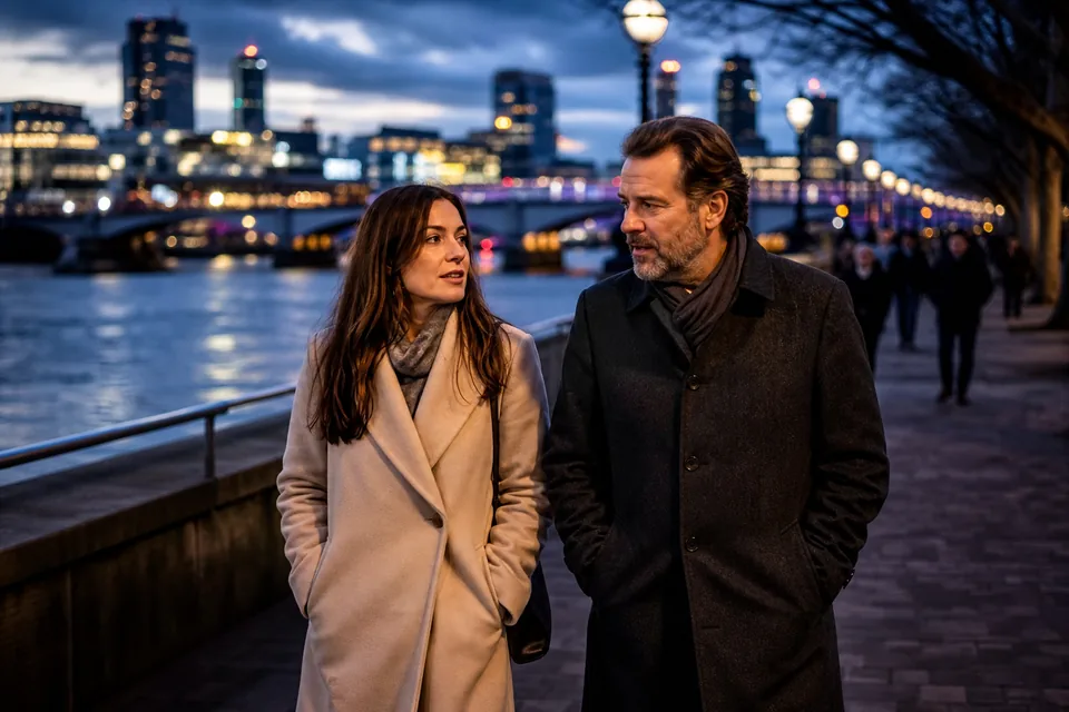 Woman and man walking along the Thames South Bank in London at dusk
