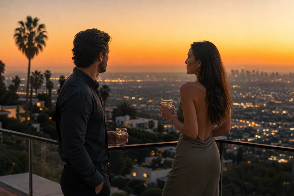 Los Angeles at sunset with palm trees seen from a hillside terrace