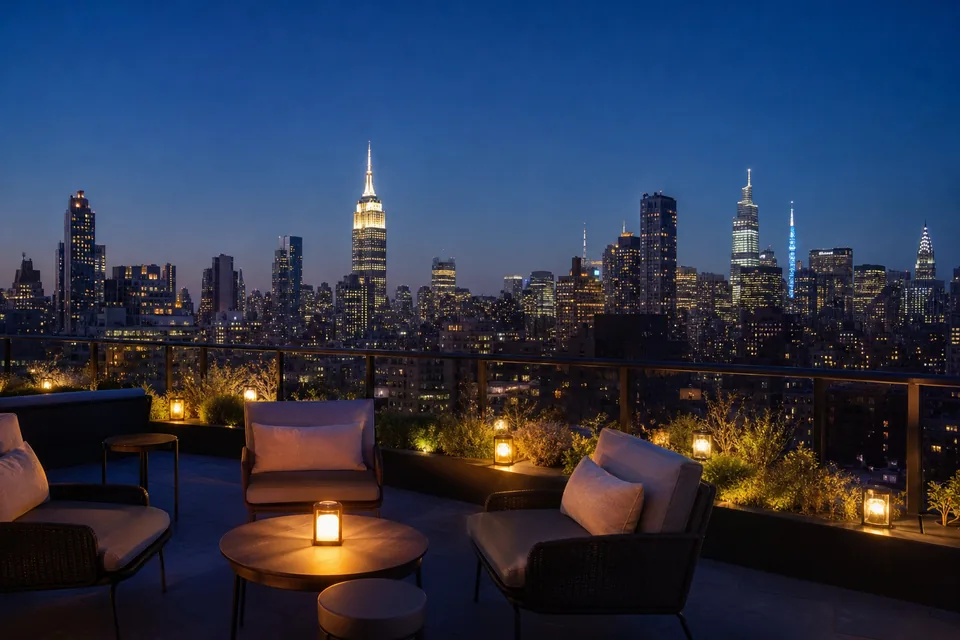 Manhattan skyline at blue hour from a rooftop terrace