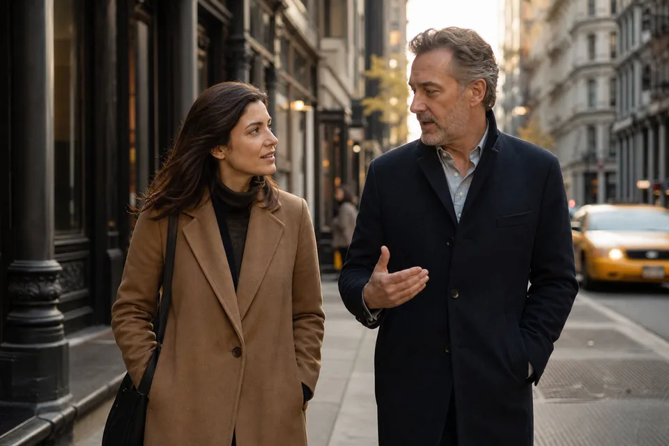 Woman and man walking on a SoHo street in New York in autumn light