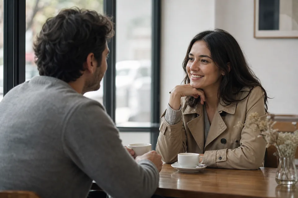 Woman and man talking over coffee at a bright cafe window table