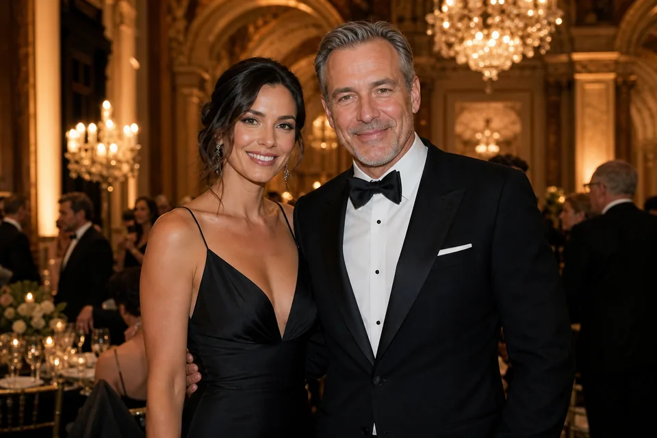 Couple in a gown and tuxedo at an evening charity gala ballroom