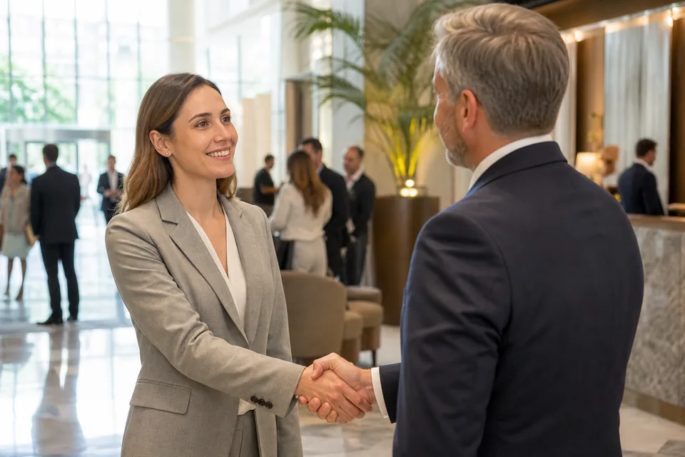 Woman and man greeting each other in a busy bright hotel lobby