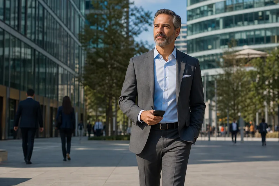 Man in a grey suit walking between glass office towers