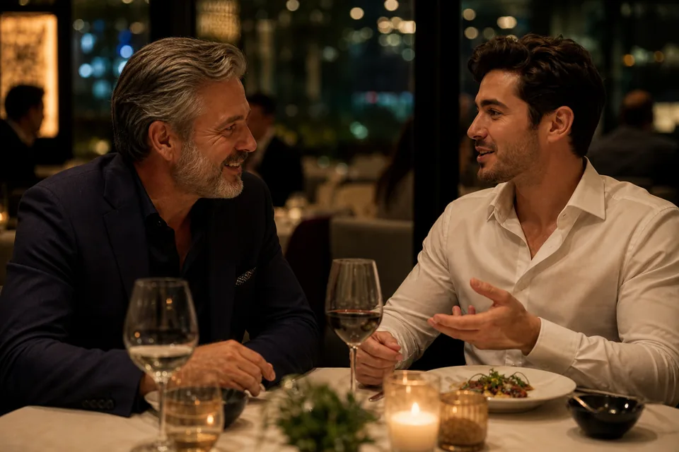 Two men on a dinner date in an upscale candlelit restaurant