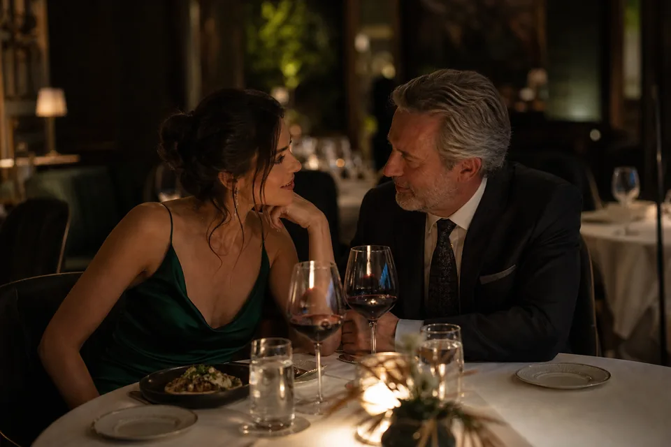 Couple in conversation at a private candlelit dinner in a members club