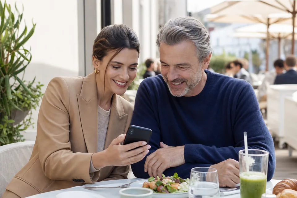 Woman and man smiling over brunch on a sunny restaurant terrace