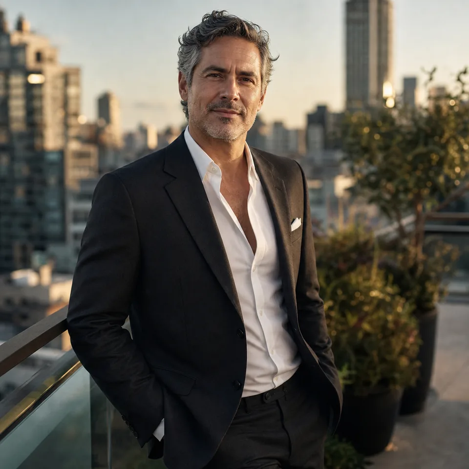 Successful man in a charcoal suit on a city terrace at golden hour