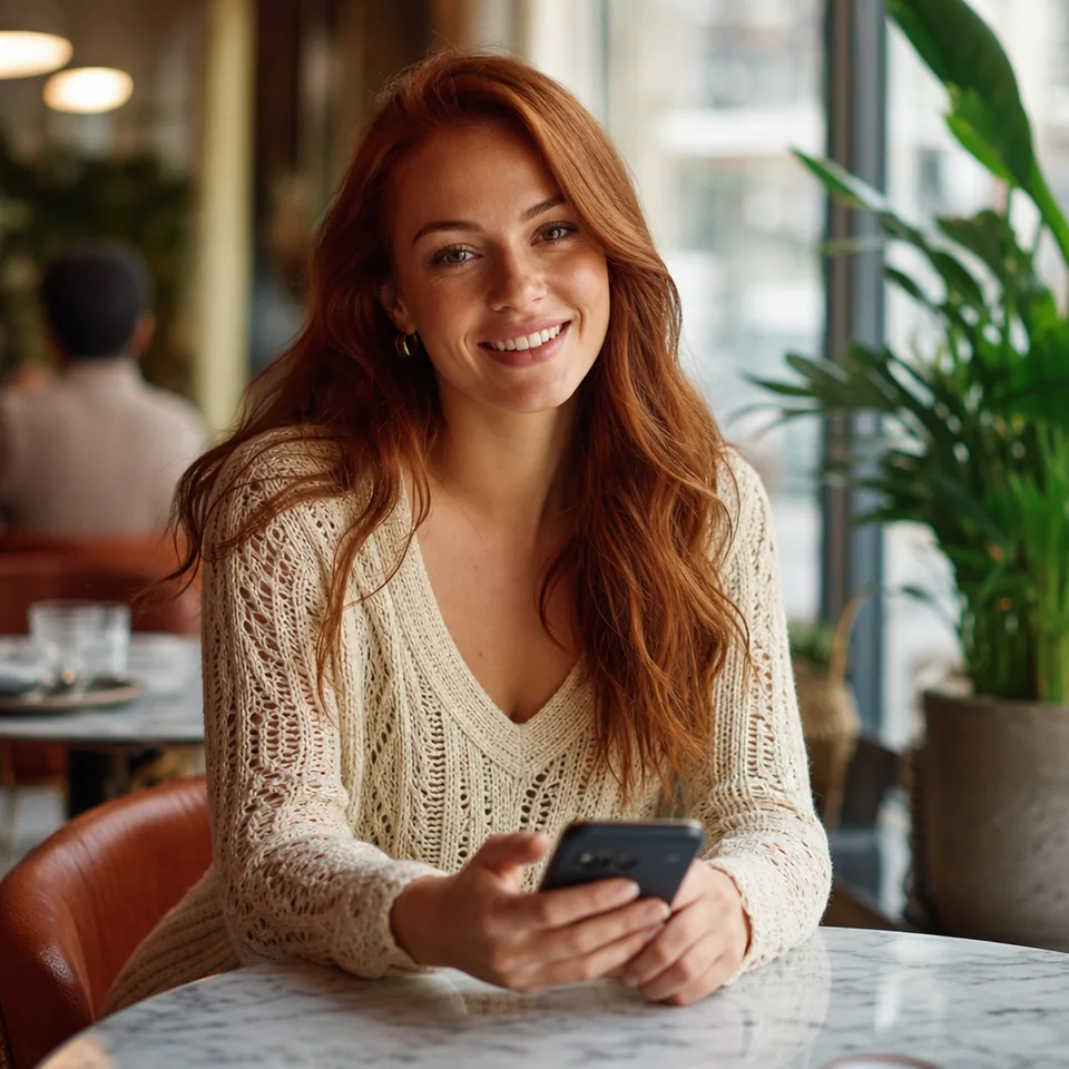 Stylish woman with auburn hair smiling at a bright cafe table
