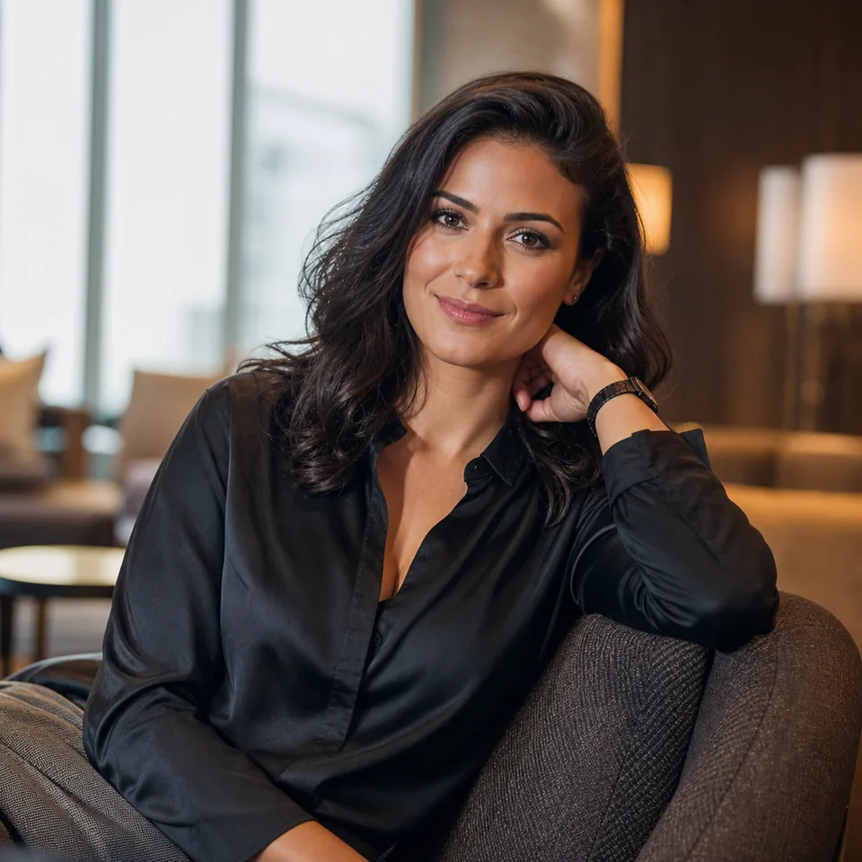 Elegant woman in a black silk blouse in a modern hotel lounge