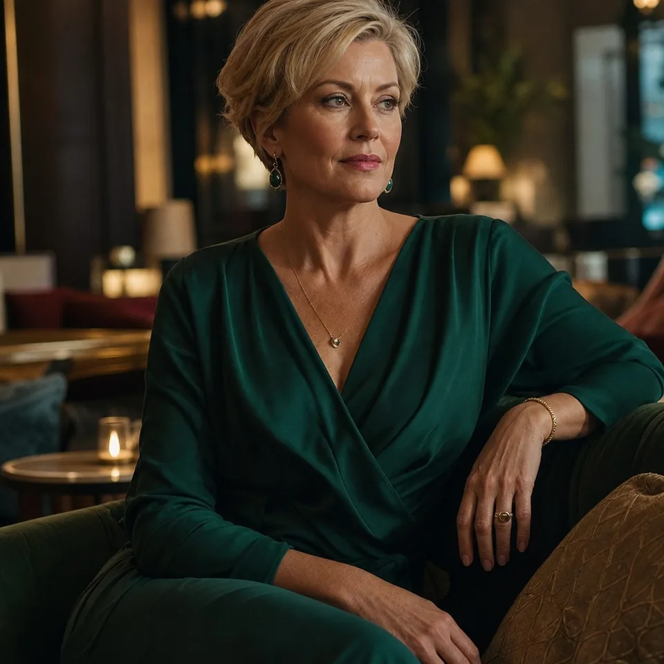Sophisticated woman in an emerald dress in a luxury lounge