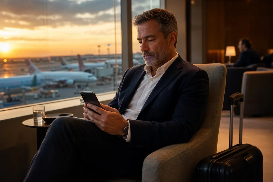 Man in a blazer checking his phone in an airport lounge at sunset