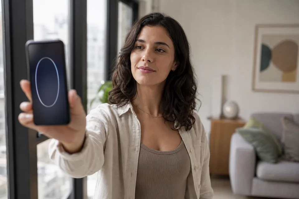 Woman holding a phone up to take a verification selfie by a window