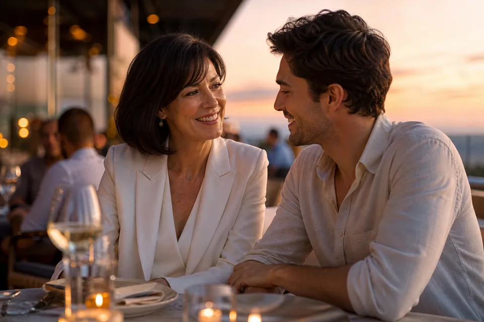 Woman in a white suit dining with a younger man on a restaurant terrace at sunset